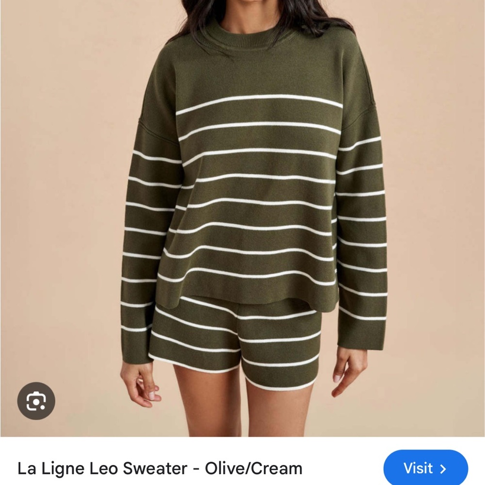 La Ligne Olive and Cream Striped Crew Neck Sweater